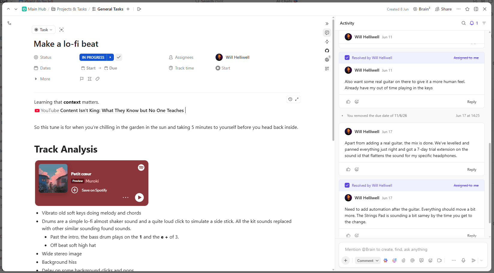 ClickUp task tracking the writing of a lo-fi track