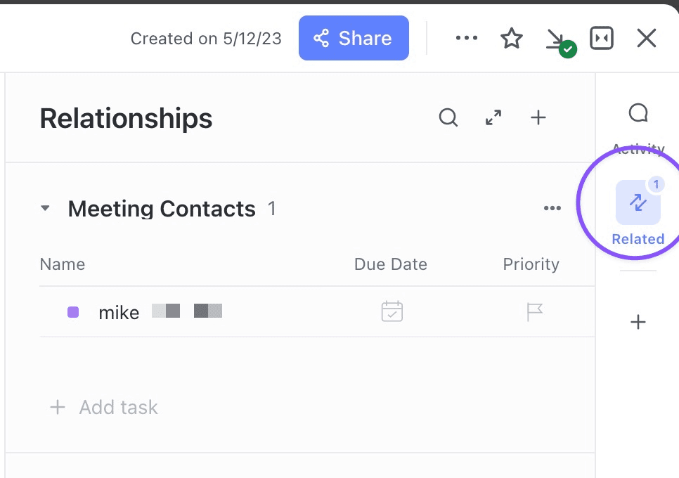 A screenshot showing task relationships in ClickUp