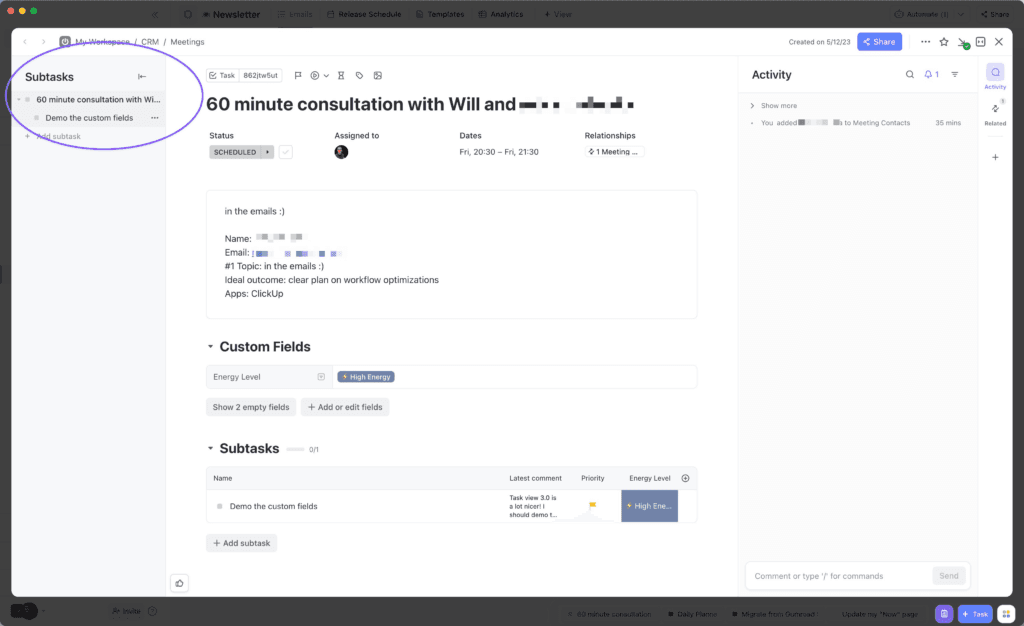 A screenshot of the Subtask Sidebar feature in ClickUp