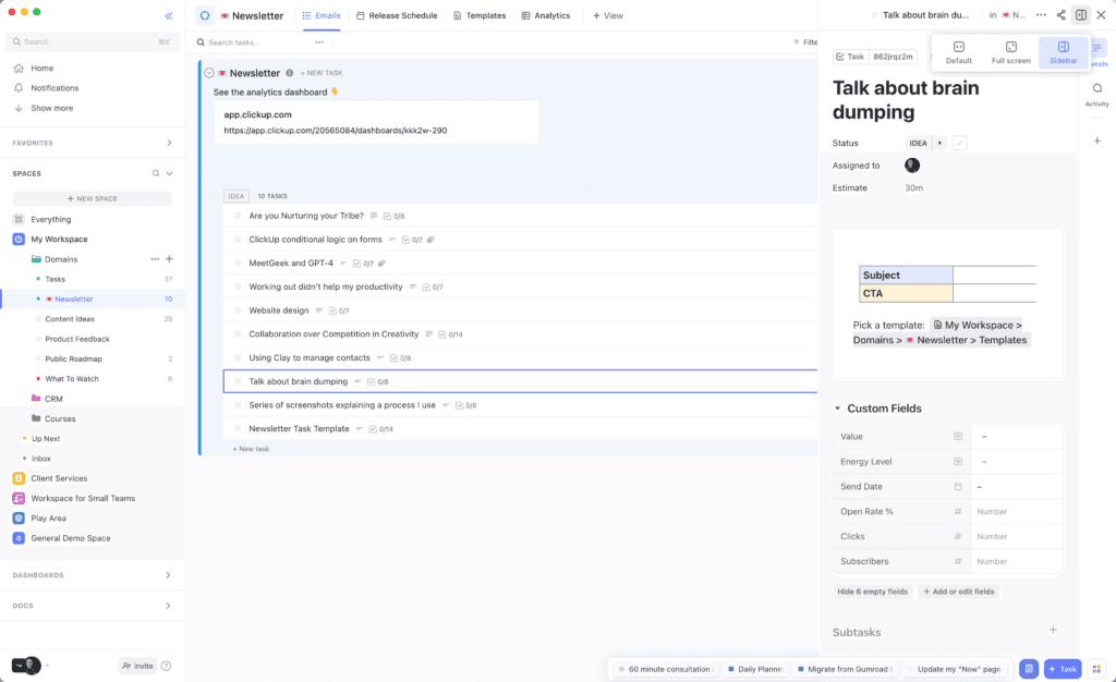 A screenshot demonstrating the Sidebar Layout in ClickUp